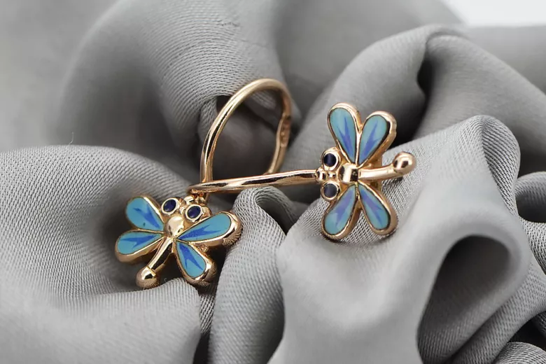 Boucles d'oreilles en or 14k vintage avec pierres précieuses roses et bleues ven152