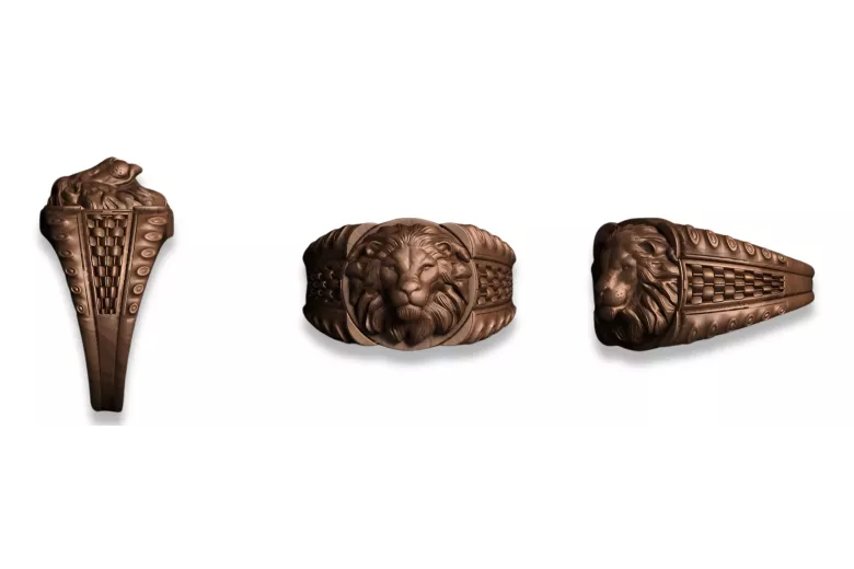 Męski pierścień sygnetowy z lwią głową - złoto różowe i srebro cgcsn001