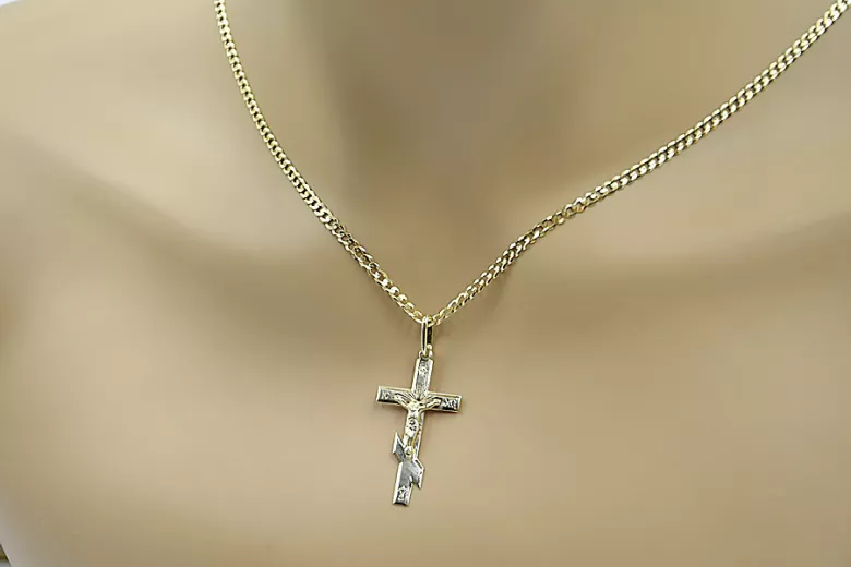 Goldene 14k 585 Orthodoxes Kreuz Anhänger mit Gurmeta Kette oc001y&cc001y