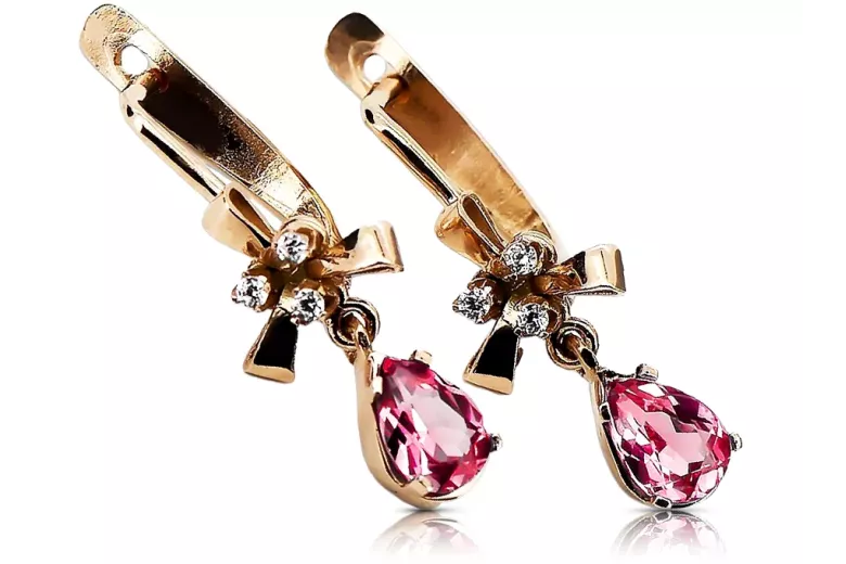 Boucles d'oreilles rubis rose rose 14 carats 585 vec045 style soviétique russe vintage