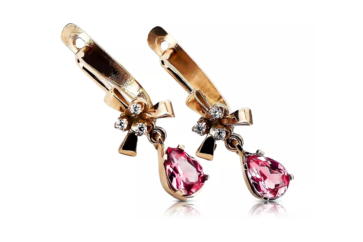 Boucles d'oreilles rubis rose rose 14 carats 585 vec045 style soviétique russe vintage