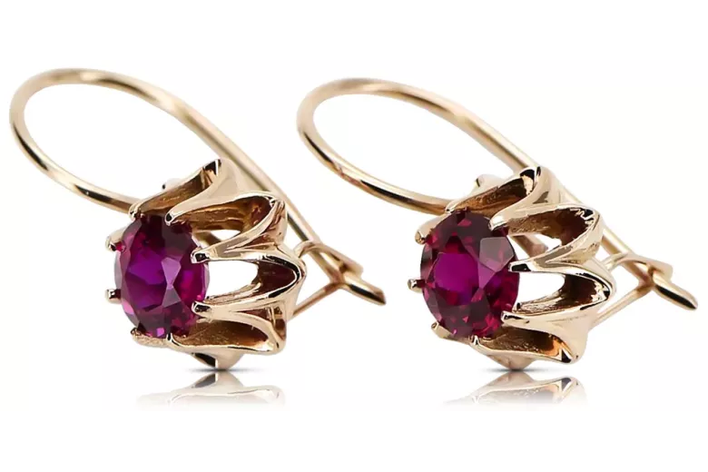 Rosa rosa 14k 585 oro ruby pendientes vec092 Estilo soviético ruso vintage