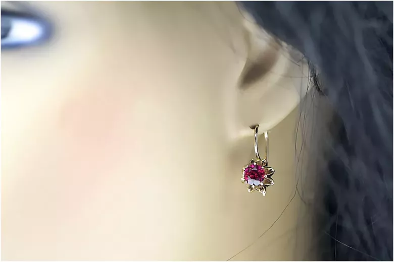 Rose pink 14k 585 gold ruby earrings vec092 Vintage Russian Soviet style