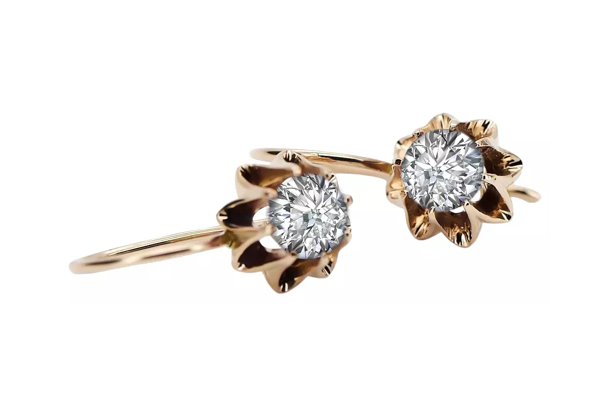 Rosa rosa 14k 585 oro zircon pendientes vec092 Estilo soviético ruso vintage