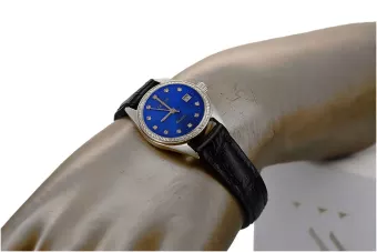 Blanca dama de oro de 14k Geneve reloj azul esfera lw078wdblz