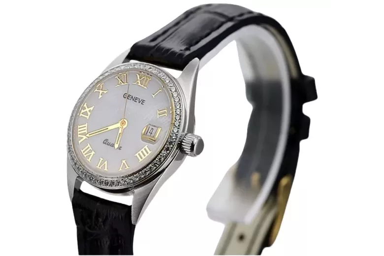 Zegarek damski z białego złota 14k Geneve lw078wdpr z perłową tarczą