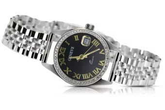 Alb 14k aur negru cadran Lady încheietura de mână Geneve Diamant ceas lwd078wdbc&lbw008w