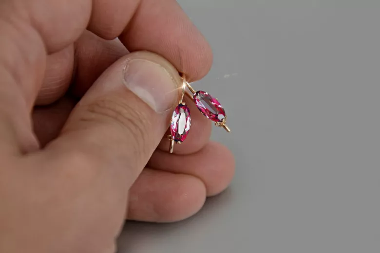 Boucles d’oreilles en or rose soviétique russe 14k 585 vec011 alexandrite rubis émeraude saphir ...