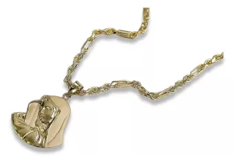 Медальон на Божията Майка & Корда Фигаро 14k златна верига pm004y14&cc004y55