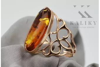 Anillo de ámbar en oro rosa de 14 k 585 vrab003 estilo de joyería vintage rusa