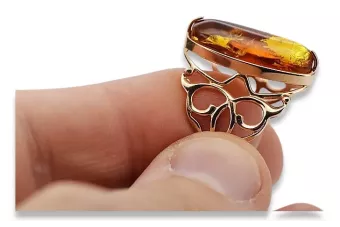 Russischer Rosé-Sowjet-Ring aus der UdSSR, rot, 585 583 Gold, Bernstein vrab008