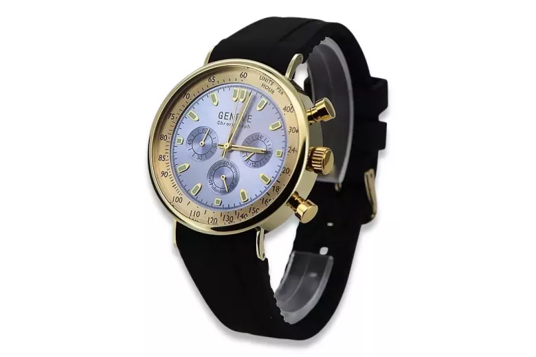 Amarillo 14k 585 oro hombre hermoso reloj Geneve mw012y-bl azul esfera azul