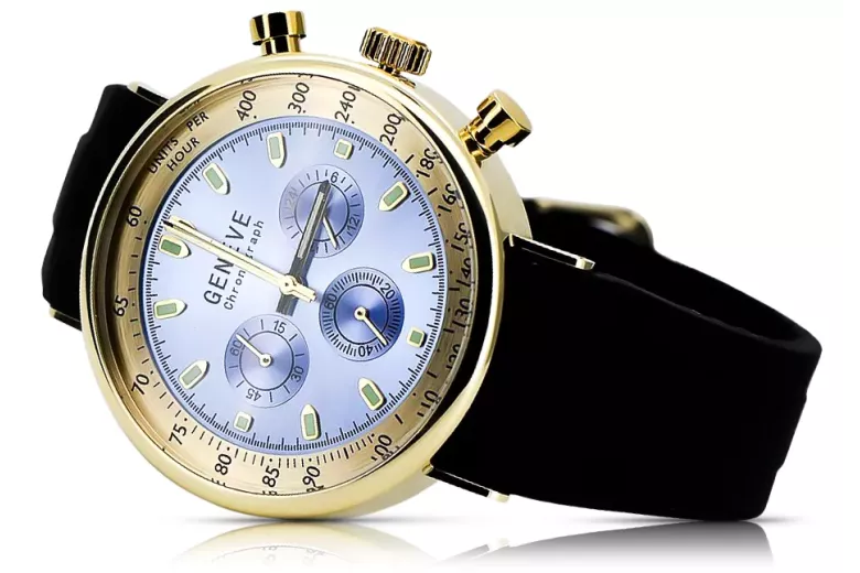 Amarillo 14k 585 oro hombre hermoso reloj Geneve mw012y-bl azul esfera azul