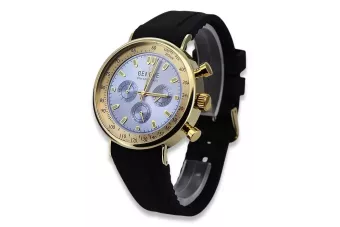 14K Gold Men's Watch, Blue Dial, Leather Strap, 40mm