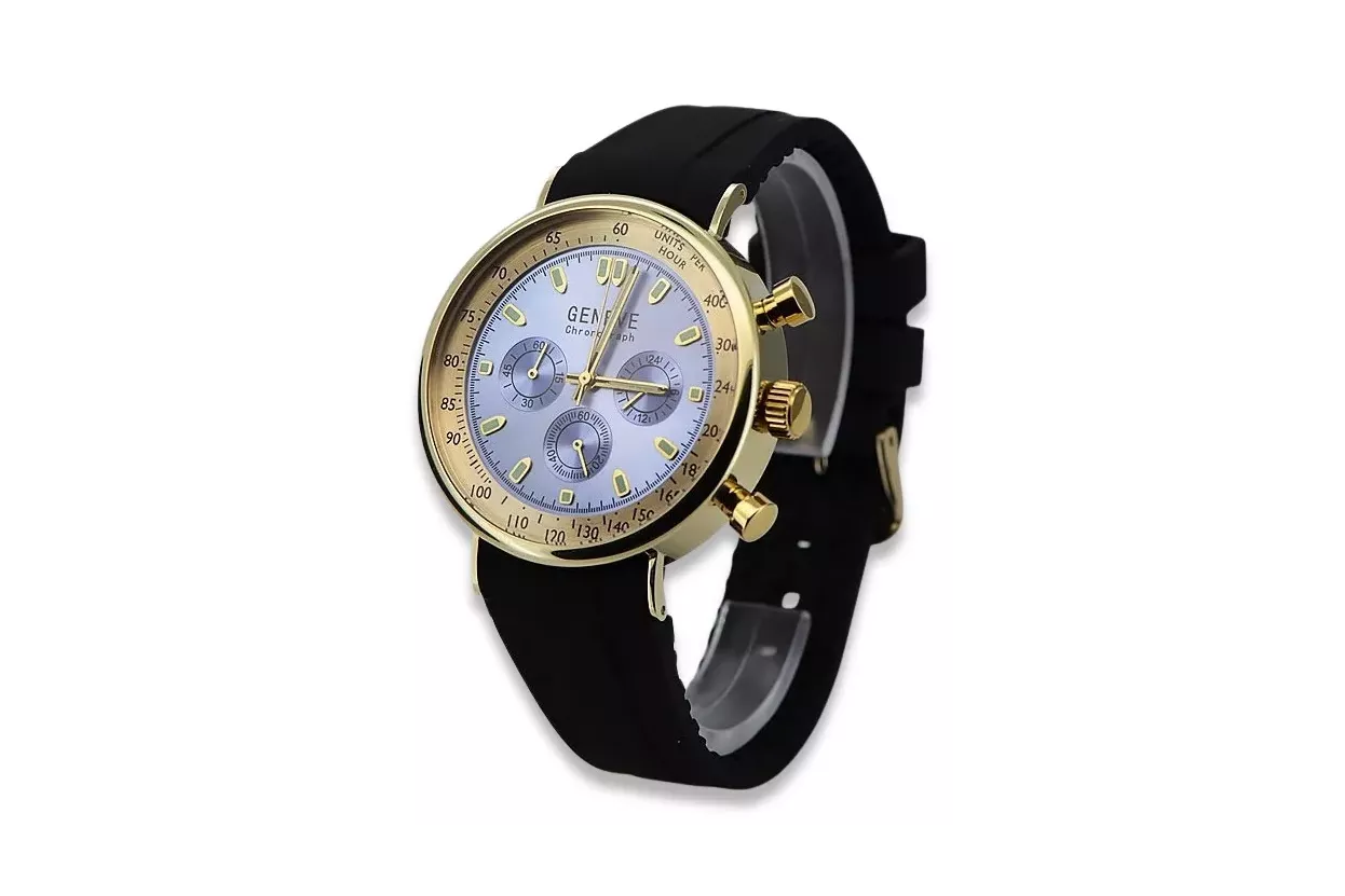 Montre Homme Or 14K, Cadran Bleu, Bracelet Cuir, 40mm