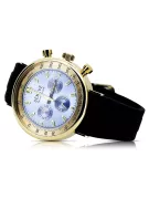 14K Gold Men's Watch, Blue Dial, Leather Strap, 40mm