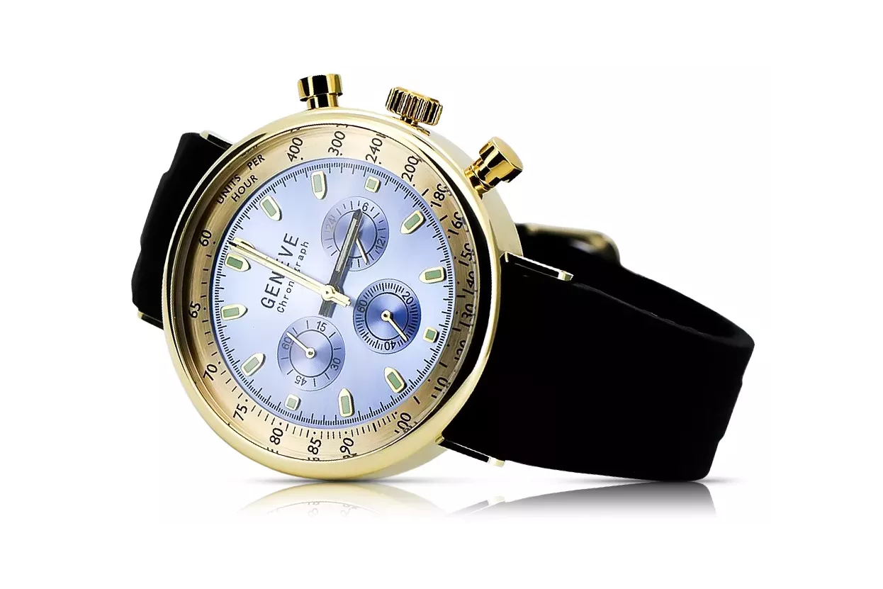 Reloj de Hombre de Oro 14K, Esfera Azul, Correa de Cuero, 40mm