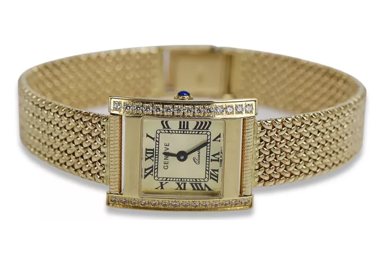 14K Gold Women's Watch, Rectangular, Italian, Cyrkonia