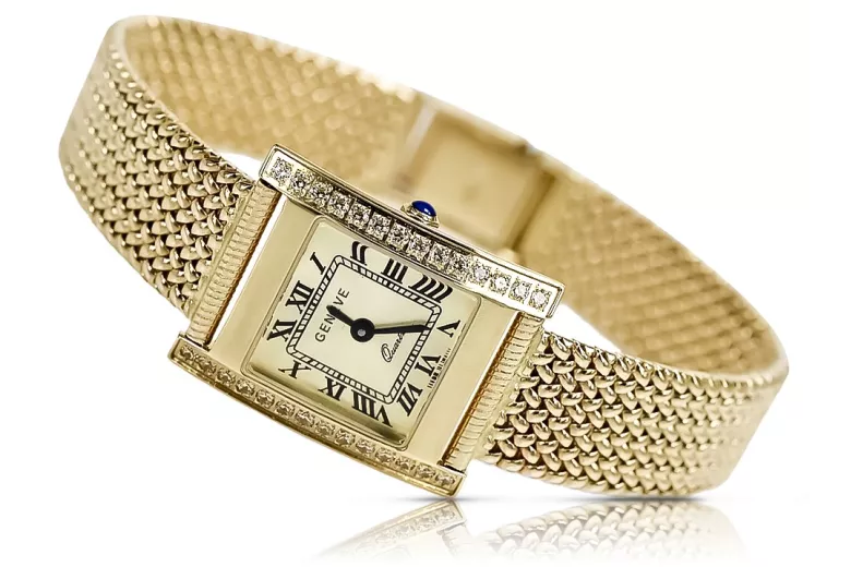 14K Gold Women's Watch, Rectangular, Italian, Cyrkonia