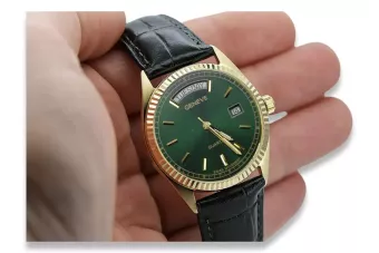 Yellow 14k gold men's women's Geneve green dial watch mw013ydgr