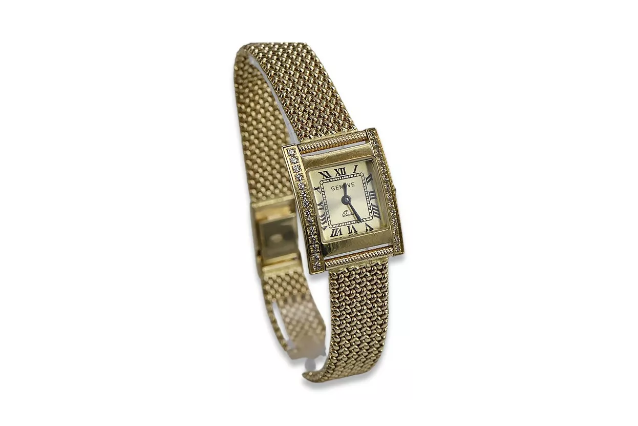 14K Gold Women's Watch, Rectangular, Italian, Cyrkonia