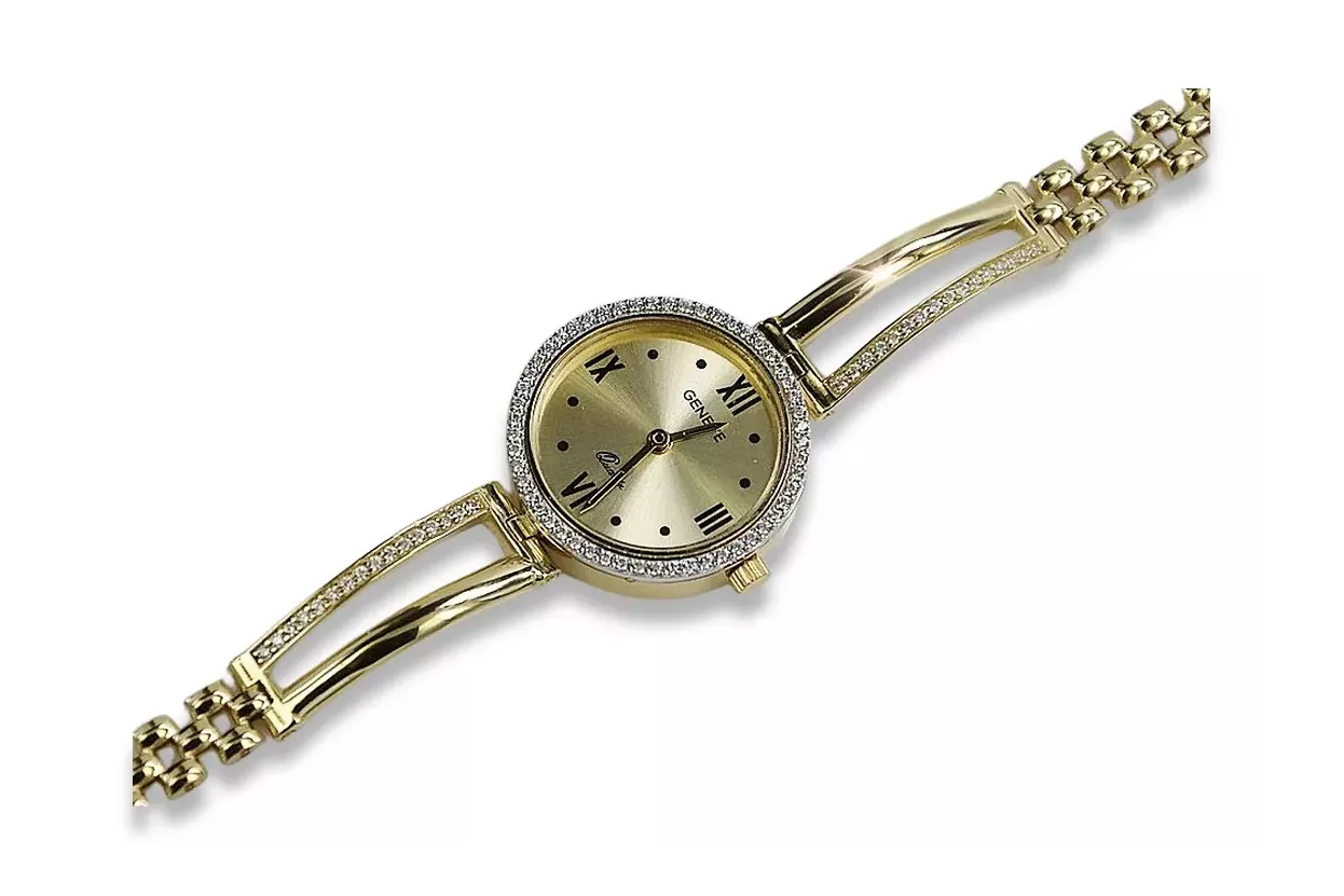 Amarillo dama de oro de 14k redondo reloj de Geneve lw075ydy