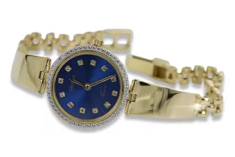 Amarillo 14k 585 dama de oro redondo línea azul Geneve reloj lw079ydbl