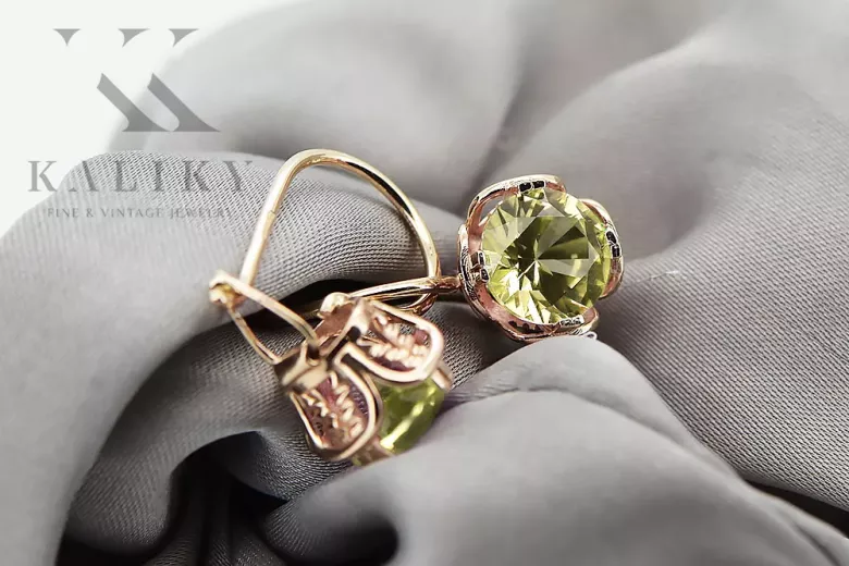 Cercei originali din aur roz de 14K, galben, peridot, stil vintage vec029r