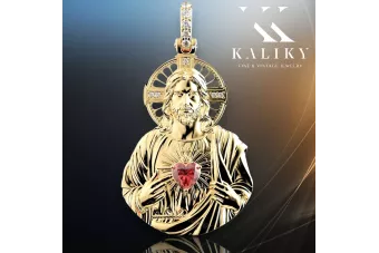 Gelbgold 14 Karat 585 Anhänger Jesus-Ikone mit Rubin-Zirkon pj006y