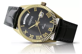 Złoty zegarek męski 14K Geneve 585, czarny cyferblat, 41mm | Zlotychlopak.pl