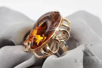 Radziecki 14k 585 złoty Rosyjski pierścionek z różowego złota z bursztynem  vrab008