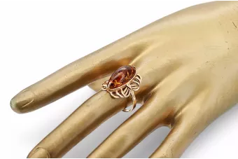 Radziecki 14k 585 złoty Rosyjski pierścionek z różowego złota z bursztynem  vrab008