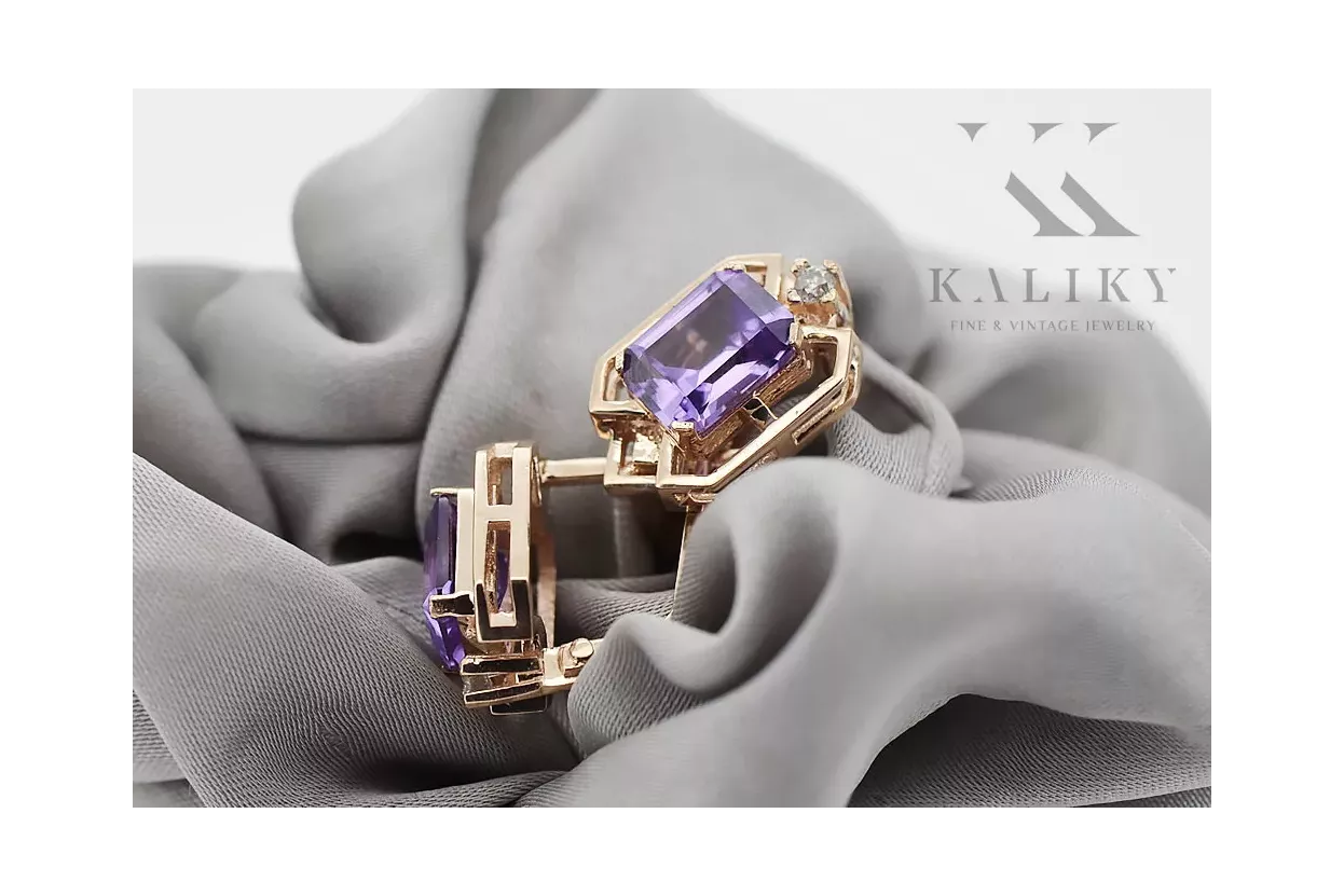 Kolczyki z różowego czerwonego 14k złota 585 z aleksandrytem i brylantem vec020r Vintage Kolczyki z różowego czerwonego 14k złota 585 z aleksandrytem i brylantem vec020r Vintage