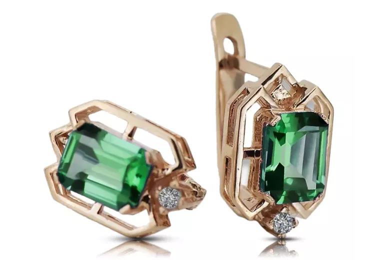 Emerald diamonds Vintage Earrings craft Original 14K Rose Gold vec020r