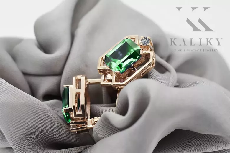Emerald diamonds Vintage Earrings craft Original 14K Rose Gold vec020r