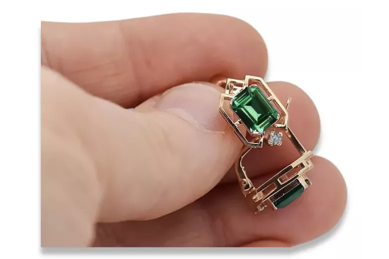 Emerald diamonds Vintage Earrings craft Original 14K Rose Gold vec020r