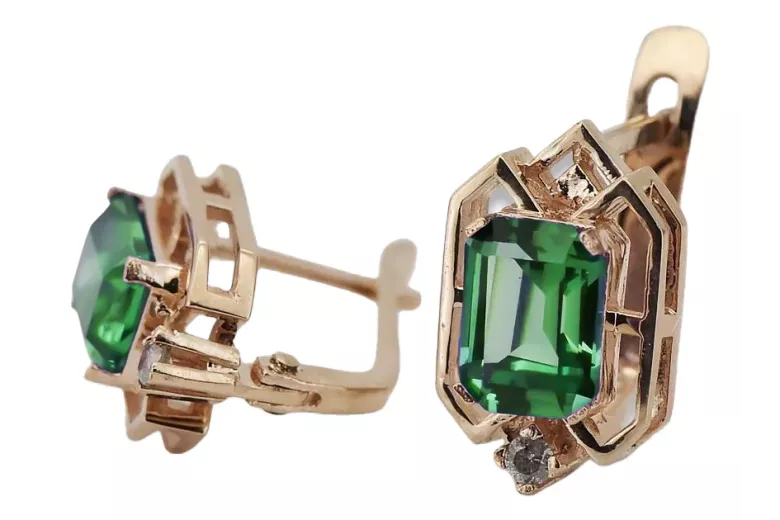 Emerald diamonds Vintage Earrings craft Original 14K Rose Gold vec020r