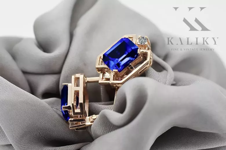 Sapphire diamonds Vintage Earrings craft Original 14K Rose Gold vec020r