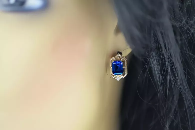 Sapphire diamonds Vintage Earrings craft Original 14K Rose Gold vec020r