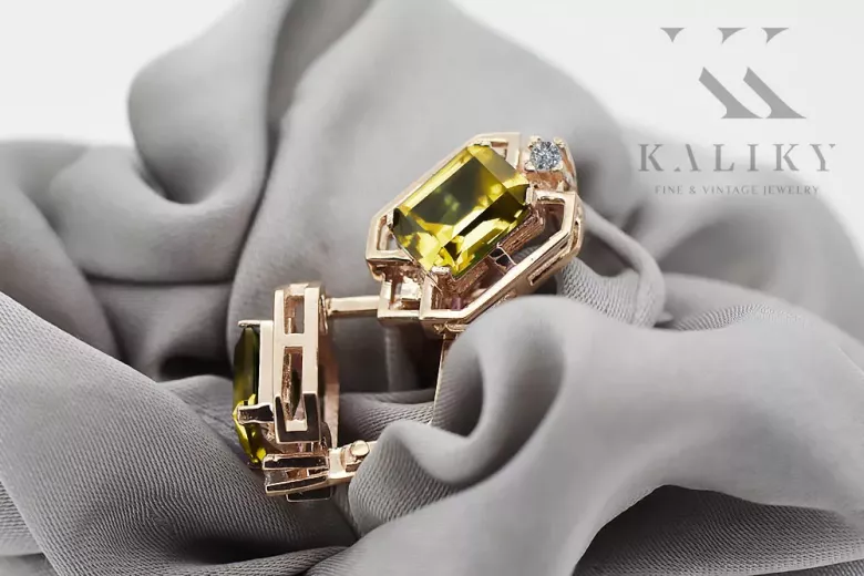 Yellow peridot diamonds Vintage Earrings craft Original 14K Rose Gold vec020r