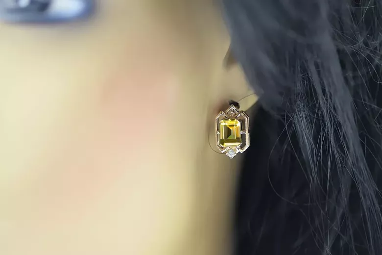Yellow peridot diamonds Vintage Earrings craft Original 14K Rose Gold vec020r