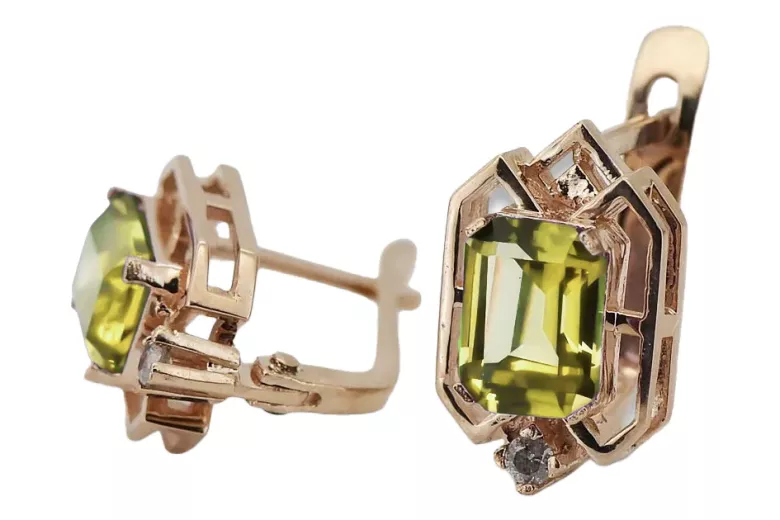 Yellow peridot diamonds Vintage Earrings craft Original 14K Rose Gold vec020r