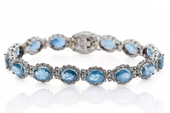 Тенис гривна от бяло 14-каратово злато с аквамарин и циркони tbc001w