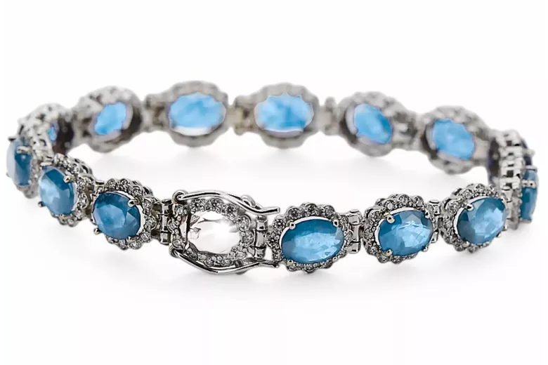 Pulsera de tenis con aguamarina y circonitas en oro blanco de 14k tbc001w