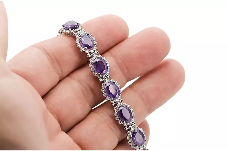 Bransoletka tenisowa z białego złota 14k 585 z aleksandrytami i cyrkoniami tbc001w