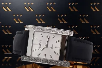 Ceas elegant de aur alb de 14k pentru Lady Geneve lw035w