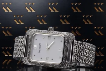 White 14k 585 gold Lady Geneve rectangular wrist watch lw054wdw&lbw003w