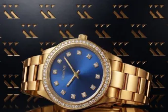 Yellow 14k 585 gold lady round blue dial Geneve watch lw079ydbl