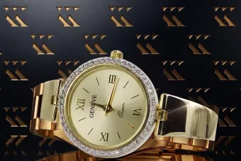 Жълт 14-каратово злато 585 дамски кръгъл часовник Geneve lw079ydy