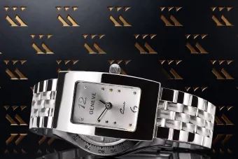 Reloj de mujer en oro blanco 14k 585 rectangular con pulsera Geneve lw090w